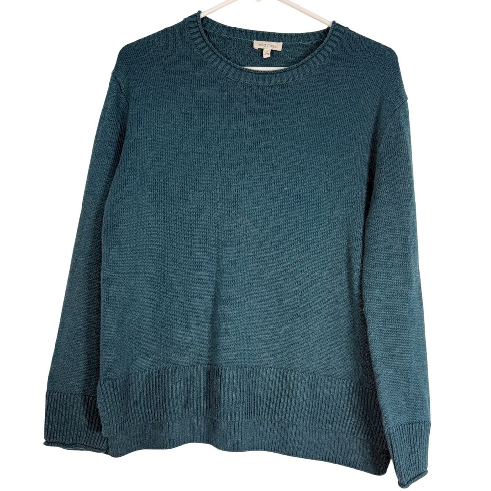 Ella Moss Womens Teal Blue Marled Knit Crewneck Sweater High Low Hem Small
